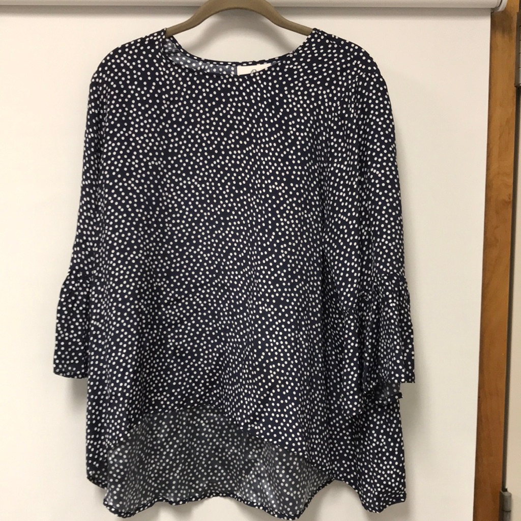 Laroque Original 100% Silk Ditsy Navy/White Polka Dot High-Low Blouse